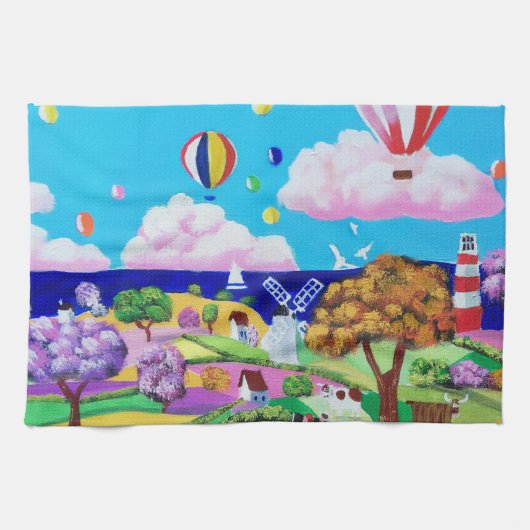 フォークアート絵画ズ – ハッピーシーサイド キッチンタオル (横)