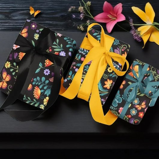 フォークアート花と蝶 ラッピングペーパーシート