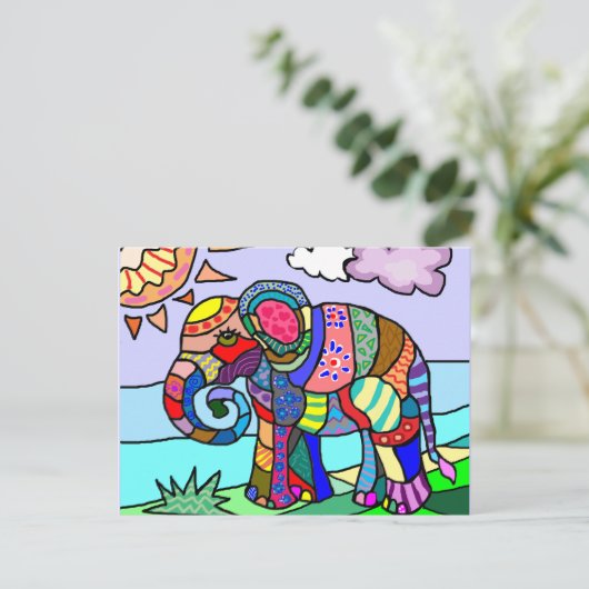 フォークアート芸術的カラフル絵を描象 ポストカード (スタンド正面)