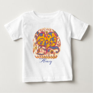 フォークアート葉ハート、花と名前 ベビーTシャツ