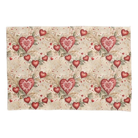 フォークアート赤いハート 枕カバー (正面)