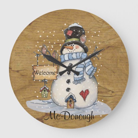 フォークアート雪だるまオンオールド新聞 ラージ壁時計 (正面)