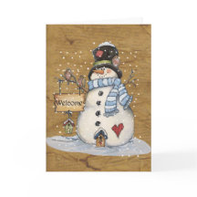 フォークアート雪だるまオンパーチメントグリーティングカード