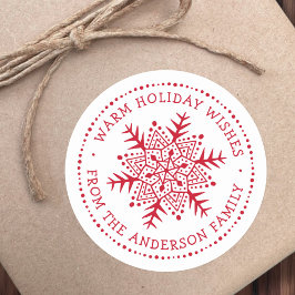 フォークアート雪の結晶の暖かい冬は白い赤を願う ラウンドシール