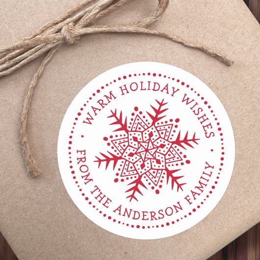フォークアート雪の結晶の暖かい冬は白い赤を願う ラウンドシール