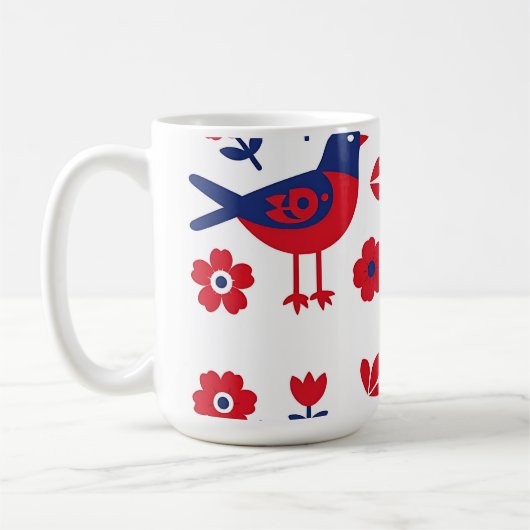 フォークアート 赤と青の鳥の花柄 コーヒーマグカップ (左)