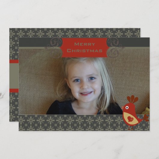 フォークアート（鳥）ショウジョウコウカンチョウカスタムフォトホリデーカード シーズンカード (正面/裏面)