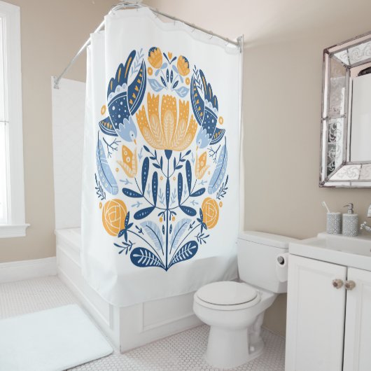 フォークアート – 鳥、バラ、花を持つオーナメント シャワーカーテン (インサイチュ)