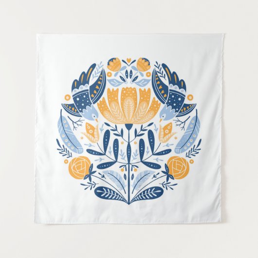 フォークアート – 鳥、バラ、花を持つオーナメント タペストリー (正面)