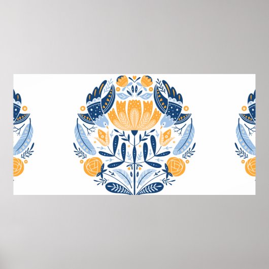 フォークアート – 鳥、バラ、花を持つオーナメント ポスター (正面)