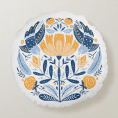 フォークアート – 鳥、バラ、花を持つオーナメント ラウンドクッション (裏面)