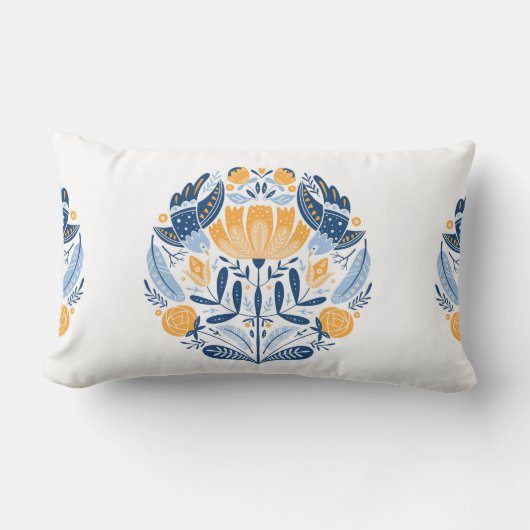 フォークアート – 鳥、バラ、花を持つオーナメント ランバークッション (正面)