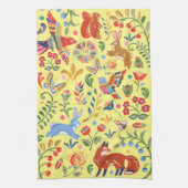 フォークカラフルアニマルウッドランドフローライエローフィエスタ キッチンタオル (縦)