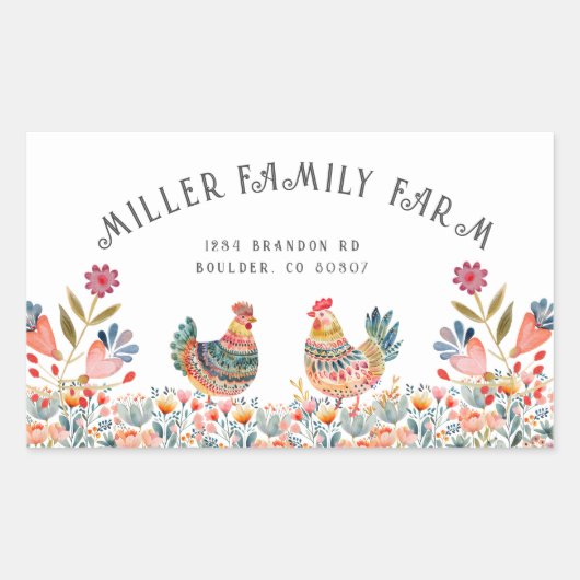 フォークカラフルファミリーファームチキンエッグカートン 長方形シール (正面)