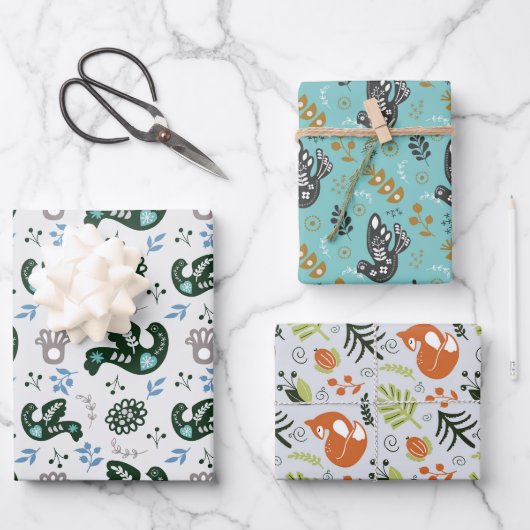 フォークスカンジスウェーデンバードキツネセット3 ラッピングペーパーシート (正面)