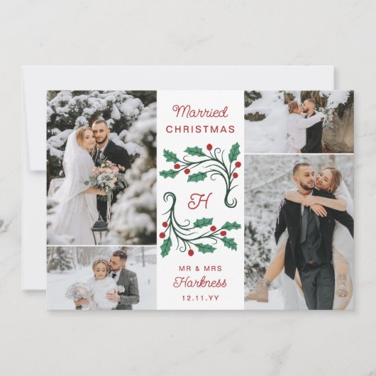 フォークスタイルのヒイラギモノグラム 結婚クリスマス 4枚の写真 シーズンカード (正面)
