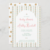 フォークストライプフローラ – ピンク – ベビーシャワー招待状 招待状 (正面/裏面)
