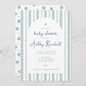 フォークストライプフローラ – 青 – ベビーシャワー招待状 招待状 (正面/裏面)