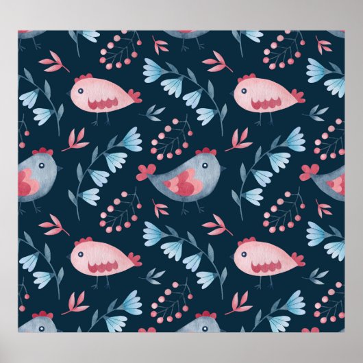 フォークチキン：水色シームレスパターン。 ポスター (正面)