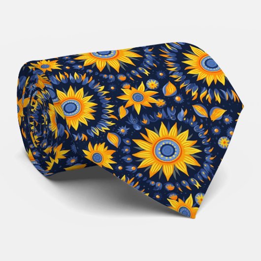 フォークネイビーイエローサンフラワー ネクタイ (ロール)