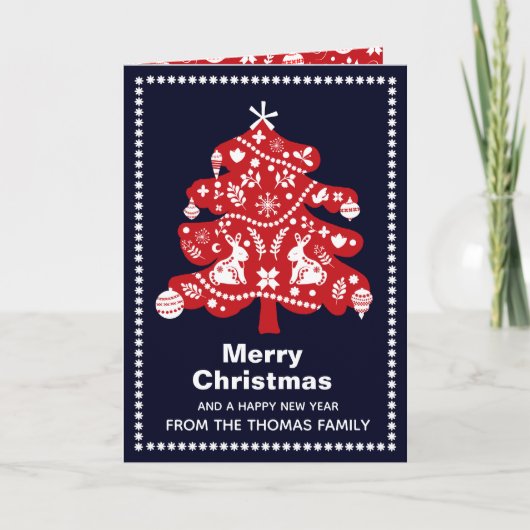 フォークネイビーレッドクリスマスツリーバニーフローラ写真 シーズンカード (正面)