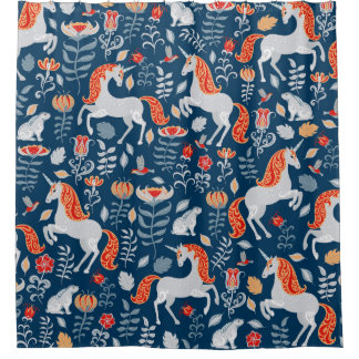 フォークファンタジー：ユニコーン、ウサギ、鳥 シャワーカーテン