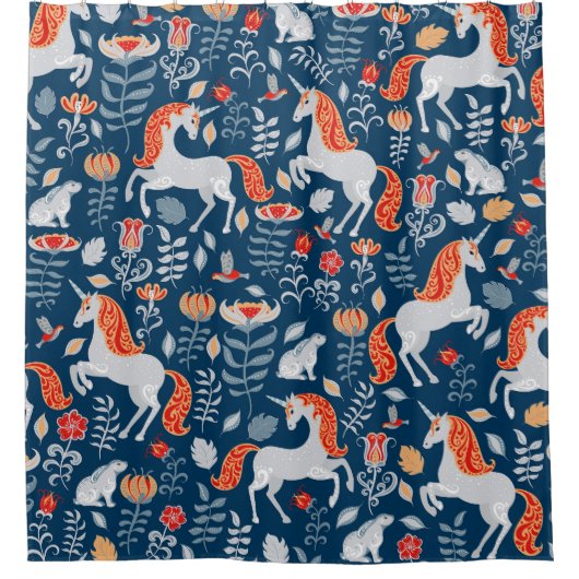 フォークファンタジー：ユニコーン、ウサギ、鳥 シャワーカーテン (正面)