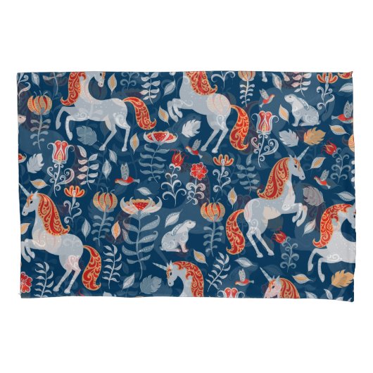 フォークファンタジー：ユニコーン、ウサギ、鳥 枕カバー (正面)