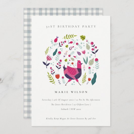 フォークファームフローラバードエイジ誕生日招待状 サンキューカード (正面/裏面)