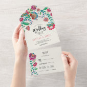 フォークフラワーズボホターコイズフィエスタ結婚ズ オールインワン招待状 (貼ってはがせる)