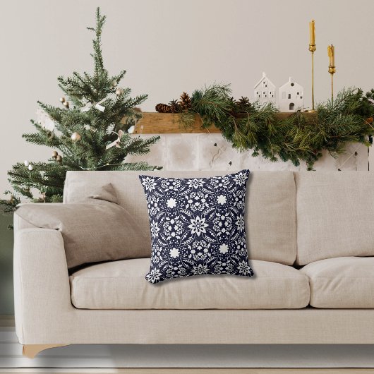 フォークフローラネイビーとホワイトパターン クッション