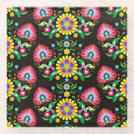 フォークフローリッシュパターン：レトロカラフルタイル ガラスコースター (正面)