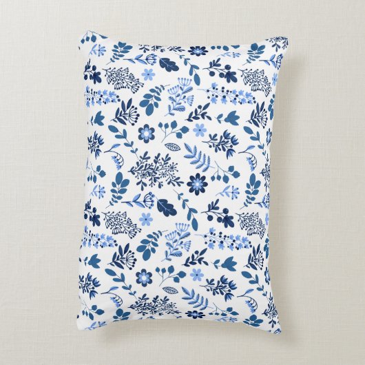 フォークモダンアートボタニカルフローラプリントブルーホワイト アクセントクッション (裏面(縦))