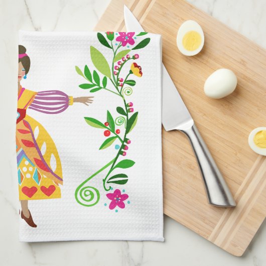 フォークモダンアートメキシコスタイルフラワーガール キッチンタオル (四つ折り)