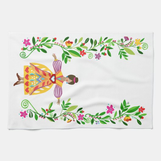 フォークモダンアートメキシコスタイルフラワーガール キッチンタオル (横)