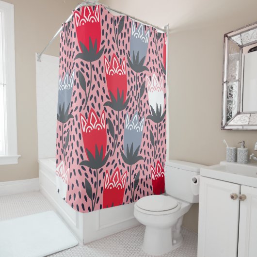 フォークモダンフラワーピンクグレーホワイトカントリー シャワーカーテン (インサイチュ)