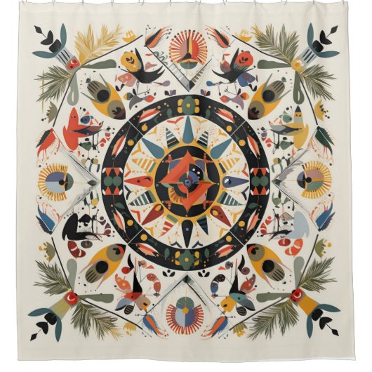 フォークモチーフインディシンボルオーナメント装飾フォルクル シャワーカーテン (正面)