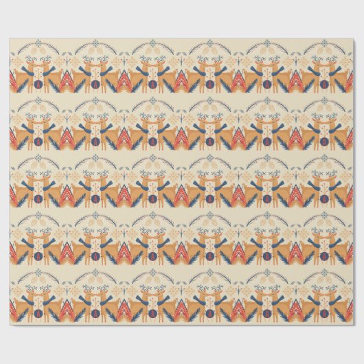 フォークモノグラムのアートクリスマスディアツリーズブルーレッド ラッピングペーパー (フラット)