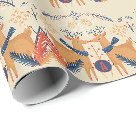 フォークモノグラムのアートクリスマスディアツリーズブルーレッド ラッピングペーパー (ロールコーナー)