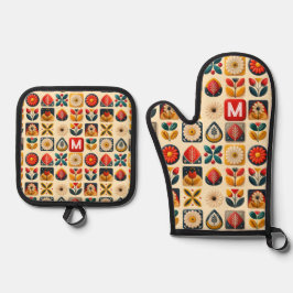 フォークレトロフローラ – モノグラパーソナライズされたム 鍋つかみ&鍋敷きセット