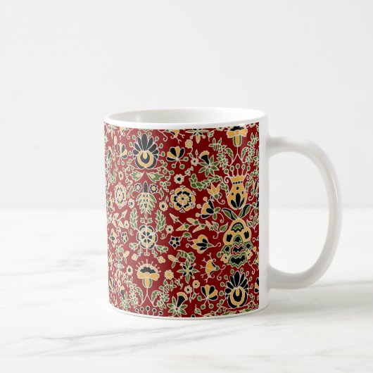 フォーク刺繍黄色、緑、黒オン深い赤 コーヒーマグカップ (右)