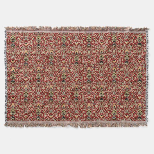 フォーク刺繍黄色、緑、黒オン深い赤 スローブランケット (正面)