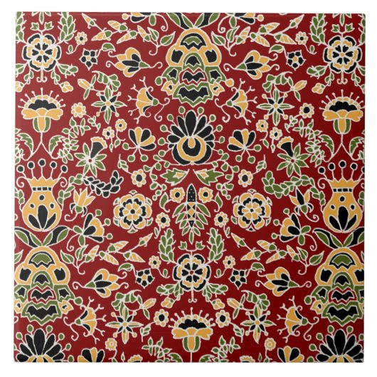 フォーク刺繍黄色、緑、黒オン深い赤 タイル (正面)