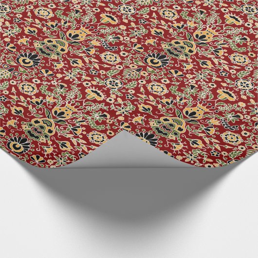 フォーク刺繍黄色、緑、黒オン深い赤 ラッピングペーパー (角)