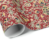 フォーク刺繍黄色、緑、黒オン深い赤 ラッピングペーパー (ロールコーナー)