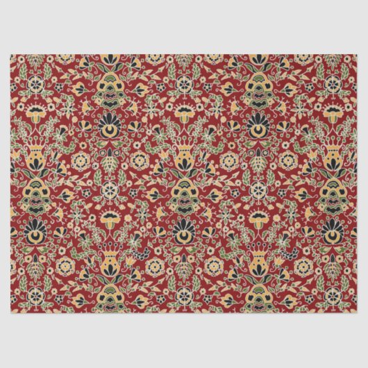 フォーク刺繍黄色、緑、黒オン深い赤 薄葉紙 (正面)