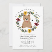 フォーク花テディベア心待ち赤ちゃんシャワー 招待状 (正面)