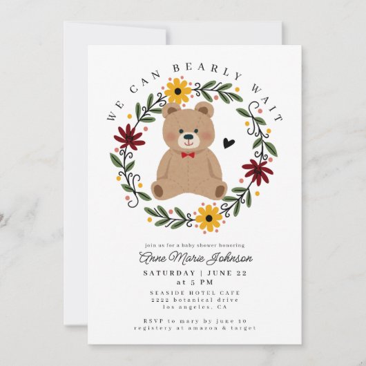 フォーク花テディベア心待ち赤ちゃんシャワー 招待状 (正面)