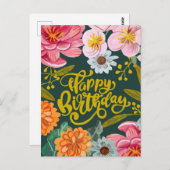 フォーク花誕生日グリーティングカード ポストカード (正面/裏面)