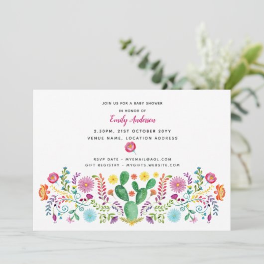 フォーク花赤ちゃんシャワー招待状水彩サボテン 招待状 (スタンド正面)